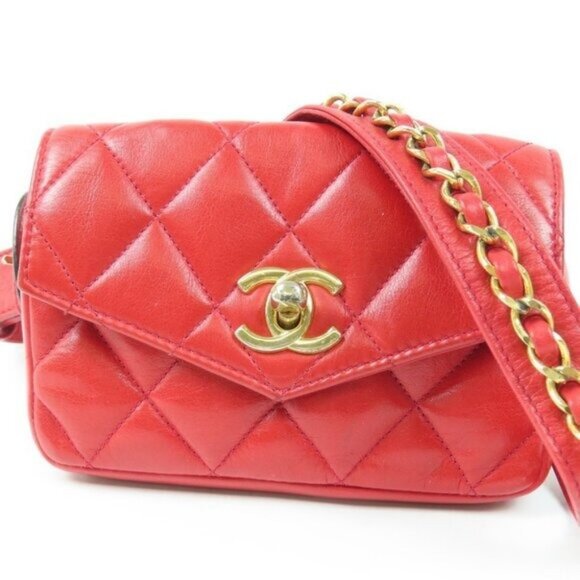 Authentic CHANEL CC Vintage Matelasse Lambskin Waist Pouch Bum Bag Leather Red - Picture 2 of 16